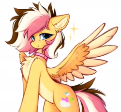 Size: 2215x2048 | Tagged: safe, artist:lerkfruitbat, derpibooru import, oc, oc only, oc:neapolitan sunrise, pegasus, pony, chest fluff, collar, commission, ear fluff, ears, female, halfbody, simple background, solo, spread wings, white background, wings