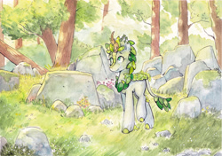 Size: 5990x4222 | Tagged: safe, artist:lightisanasshole, derpibooru import, oc, oc only, oc:mossy stone, kirin, pony, absurd resolution, day, flower, forest, grass, kirin oc, leaf mane, light, looking away, looking up, nature, outdoors, scenery, smiling, solo, stone, traditional art, tree, tree branch, watercolor painting