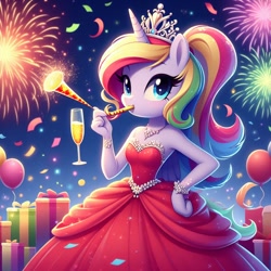 Size: 1024x1024 | Tagged: safe, ai content, derpibooru import, machine learning generated, princess cadance, anthro, bare shoulders, champagne glass, happy new year, happy new year 2024, holiday, jewelry, party horn, prompter:princesslady94two, sleeveless, tiara