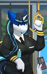 Size: 1280x2000 | Tagged: safe, artist:alsky, derpibooru import, oc, oc:ratangga, anthro, object pony, original species, pony, unicorn, breasts, bus, clothes, looking at you, train, train pony, uniform