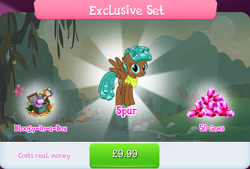 Size: 1268x857 | Tagged: safe, derpibooru import, bloofy, spur, pegasus, pony, g4, apple, ball, bundle, bush, costs real money, english, female, filly, foal, food, freckles, gameloft, gem, mobile game, my little pony: magic princess, neckerchief, numbers, official, sale, solo, spread wings, text, wings