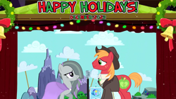 Size: 2063x1160 | Tagged: safe, artist:cartoonlover826, artist:not-yet-a-brony, artist:sonofaskywalker, derpibooru import, big macintosh, marble pie, earth pony, g4, 2023, bittersweet, christmas, clothes, december, decoration, dress, duet, duo, female, friends, friendship, happy holidays, hearth's warming, heartwarming, holiday, honorary cousin, i wish you love, implied sugarmac, just friends, looking at each other, looking at someone, lyrics in the description, male, mare, microphone, microphone stand, not shipping, performance, platonic, ship sinking, shirt, singing, smiling, smiling at each other, song in the description, stage, stallion, youtube link in the description