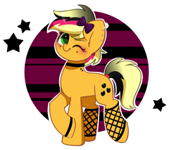 Size: 3651x3112 | Tagged: safe, artist:kittyrosie, derpibooru import, part of a set, applejack, earth pony, pony, g4, abstract background, alternate hairstyle, bow, bracelet, choker, cute, ear piercing, earring, eyebrow piercing, eyeshadow, female, fishnets, goth, hair bow, high res, jackabetes, jewelry, lip piercing, looking at you, makeup, mare, multicolored hair, necklace, one eye closed, piercing, raised hoof, raised leg, smiling, smiling at you, snake bites, solo, stars, tattoo, wink, wristband