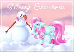 Size: 2480x1748 | Tagged: safe, artist:sweetpea-and-friends, derpibooru import, minty, earth pony, a very minty christmas, g3, christmas, eyebrows, holiday, merry christmas, raised eyebrow, snow, snowman, winter