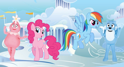 Size: 1212x659 | Tagged: safe, derpibooru import, edit, pinkie pie, rainbow dash, earth pony, hybrid, pegasus, pony, g4, cat dragon, cloudsdale, crossover, crossover shipping, cute, dashabetes, diapinkes, female, flower bubble, flying, foofa, foofapie, girly girl, group, lesbian, logo, mare, nick jr., quartet, rainbow dash can fly, shipping, tomboy, toodee, toodeedash, yo gabba gabba!