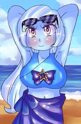 Size: 625x955 | Tagged: safe, artist:araiiara123, derpibooru import, trixie, equestria girls, arm behind head, armpits, beach, belly button, blushing, breasts, clothes, eye clipping through hair, female, sarong, solo, sunglasses, swimsuit, titsie