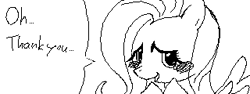 Size: 320x120 | Tagged: safe, artist:kaikidqx, derpibooru import, fluttershy, pegasus, pony, black and white, blushing, dialogue, empty eyes, female, grayscale, mare, miiverse, monochrome, name, no nose, oekaki, open mouth, open smile, simple background, smiling, solo, speech bubble, talking, talking to viewer, white background