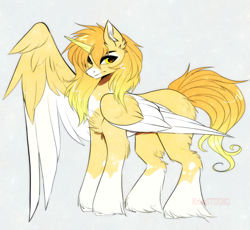 Size: 1660x1528 | Tagged: safe, artist:krissstudios, derpibooru import, oc, alicorn, pony, coat markings, colored wings, concave belly, folded wings, hoof fluff, large wings, leg fluff, male, one wing out, socks (coat marking), solo, stallion, two toned wings, unshorn fetlocks, wing gesture, wings