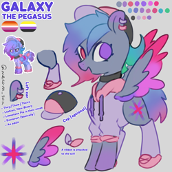 Size: 4096x4096 | Tagged: safe, artist:metaruscarlet, derpibooru import, oc, oc:galaxy (pegasus), pegasus, pony, baseball cap, bow, cap, choker, clothes, color palette, colored eartips, colored wings, ear piercing, earring, gradient mane, gradient tail, gradient wings, gray background, hat, heterochromia, hoodie, jewelry, lesbian pride flag, multicolored wings, nonbinary, nonbinary lesbian, nonbinary pride flag, open mouth, open smile, pegasus oc, piercing, pink eyes, pony town, pride, pride flag, pronouns, purple eyes, reference sheet, ribbon, shoes, simple background, smiling, socks, spread wings, standing, tail, tail bow, wings