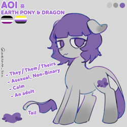 Size: 4096x4096 | Tagged: safe, artist:metaruscarlet, derpibooru import, oc, oc only, oc:aoi (dracony), dracony, dragon, hybrid, pony, asexual pride flag, colored eartips, cute, cute little fangs, dracony oc, dragon tail, ears, ears back, fangs, floppy ears, gradient legs, gray background, japanese, kanji, leonine tail, nonbinary, nonbinary pride flag, not maud pie, pride, pride flag, pronouns, purple eyes, reference sheet, simple background, standing, tail