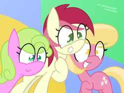 Size: 1920x1440 | Tagged: safe, artist:greenhoof, derpibooru import, daisy, flower wishes, lily, lily valley, roseluck, earth pony, pony, g4, abstract background, eye clipping through hair, flower trio, scene interpretation, smiling, teeth, vector