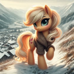 Size: 1024x1024 | Tagged: safe, ai content, machine learning generated, applejack, earth pony, pony, bing, clothes, female, fur coat, looking at you, mare, missing accessory, missing limb, scenery, snow, solo, winter