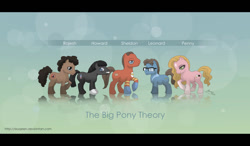 Size: 1280x747 | Tagged: safe, artist:almairis, derpibooru import, earth pony, pony, 2011, big bang theory, blue background, bokeh, bucktooth, coat markings, crossover, facial markings, female, glasses, gradient background, group, howard wolowitz, leonard hofstadter, letterboxing, lidded eyes, light blue background, male, mare, penny hofstadter, ponified, quintet, raised hoof, raised leg, rajesh koothrappali, reflection, sheldon cooper, simple background, socks (coat marking), species swap, stallion, standing, star (coat marking), the big bang theory