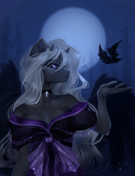Size: 1920x2496 | Tagged: safe, artist:alicesmitt31, derpibooru import, oc, oc only, anthro, bat, pegasus, anthro oc, breasts, clothes, dress, female, full moon, horns, looking at you, moon, night, pegasus oc, solo, spread wings, wings