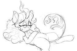 Size: 1200x800 | Tagged: safe, artist:rocket-lawnchair, derpibooru import, oc, oc:pine pyre, kirin, black and white, cute, eyes closed, glasses, grayscale, hoof on belly, kirin oc, lying down, monochrome, ocbetes, on back, round glasses, simple background, sketch, sleeping, smiling, solo, white background