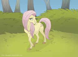 Size: 1024x755 | Tagged: safe, artist:almairis, derpibooru import, fluttershy, pegasus, pony, g4, 2011, bush, colored hooves, female, grass, hoers, mare, raised hoof, raised leg, shy, solo, standing, tree, wingless, wrong eye color