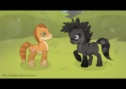 Size: 1024x724 | Tagged: safe, artist:almairis, derpibooru import, oc, oc only, oc:gin, oc:koji, cat, cat pony, earth pony, hybrid, original species, pony, raccoon, raccoon pony, 2011, bush, closed mouth, coat markings, duo, eye scar, facial markings, facial scar, grass, letterboxing, lidded eyes, male, pale belly, scar, signature, smiling, socks (coat marking)