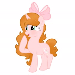 Size: 2048x2048 | Tagged: safe, derpibooru import, oc, oc only, oc:misty breezy, pony, unicorn, g4, blushing, bow, brunette hair, curly hair, curly mane, female, female oc, green eyes, hair bow, horn, lesbian, pink fur, pink hair bow, simple background, solo, standing, unicorn oc, white background