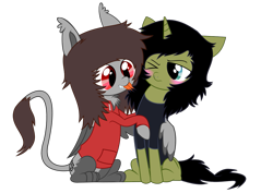 Size: 1123x794 | Tagged: safe, artist:cactuscruncher, derpibooru exclusive, derpibooru import, hybrid, pony, unicorn, .svg available, :p, behaving like a cat, black hair, black mane, blue eyes, blushing, brown hair, brown mane, chest fluff, clothes, colored belly, colored wings, colored wingtips, duo, ear fluff, ears, ears back, emo, facial piercing, folded wing, frown, furrowed brow, gray coat, green coat, grooming, half-sphinx, hoodie, hug, licking, lidded eyes, looking at someone, male, nicholas ruffilo, noah sebastian, nose piercing, one eye closed, paws, piercing, ponified, red eyes, septum piercing, sharp teeth, shirt, simple background, sitting, slit eyes, smiling, species swap, stallion, svg, teeth, tongue, tongue bath, tongue out, transparent background, unamused, vector, winghug, wings