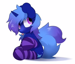 Size: 3528x3006 | Tagged: safe, artist:mochi_nation, derpibooru import, oc, oc only, pony, unicorn, clothes, commission, not luna, purple eyes, simple background, sitting, socks, solo, striped socks, tongue, tongue out, white background