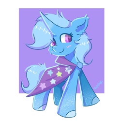 Size: 820x820 | Tagged: safe, artist:skylinepony_, derpibooru import, trixie, pony, unicorn, g4, blushing, cape, clothes, cute, diatrixes, female, mare, smiling, solo, trixie's cape