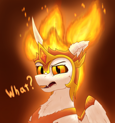 Size: 2058x2200 | Tagged: safe, artist:gosha305, derpibooru import, daybreaker, alicorn, pony, g4, alternate hairstyle, bust, cheek fluff, chest fluff, crown, curved horn, dialogue, ear fluff, ears, eyebrows, fangs, female, fire, gem, gradient background, helmet, high res, horn, jewelry, looking at you, mane of fire, mare, pigtails, portrait, raised eyebrow, regalia, slit eyes, solo, teeth, wings