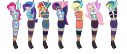 Size: 3424x1460 | Tagged: safe, artist:brightstar40k, derpibooru import, applejack, fluttershy, pinkie pie, rainbow dash, rarity, sci-twi, sunset shimmer, twilight sparkle, human, equestria girls, g4, bondage, bound and gagged, cloth gag, clothes, dangling, dress, gag, humane five, humane seven, humane six, long dress, long skirt, simple background, skirt, tape, tape bondage, tied up, victorian, victorian dress, white background