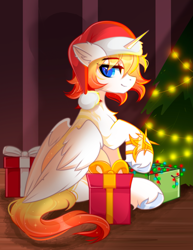 Size: 1911x2480 | Tagged: safe, artist:janelearts, derpibooru import, oc, oc only, alicorn, pony, box, christmas, christmas tree, hat, holiday, male, santa hat, solo, stallion, tree