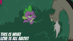 Size: 2000x1123 | Tagged: safe, derpibooru import, edit, edited screencap, editor:quoterific, screencap, discord, spike, g4, the break up breakdown, hiding in bushes