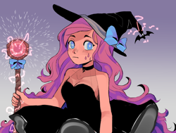 Size: 1280x968 | Tagged: safe, artist:milky-rabbit, derpibooru import, fluttershy, human, g4, bare shoulders, gradient background, hat, humanized, sleeveless, solo, staff, witch, witch hat