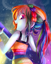 Size: 2400x3000 | Tagged: safe, artist:whitediamonds, derpibooru import, rainbow dash, better together, equestria girls, g4, spring breakdown, bare shoulders, clothes, dress, female, guitar, looking at you, looking back, looking back at you, musical instrument, open mouth, ponytail, rain, singing, sleeveless, smiling, smiling at you, solo, wet, wet hair