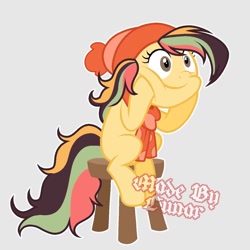 Size: 1024x1024 | Tagged: safe, derpibooru import, oc, oc only, earth pony, pony, base, beanie, clothes, gray background, hat, hooves on cheeks, scarf, simple background, smiling, solo, stool