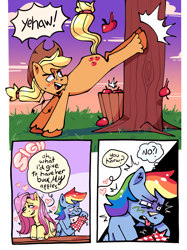 Size: 1530x2048 | Tagged: safe, artist:maddzroks, derpibooru import, applejack, fluttershy, rainbow dash, earth pony, pegasus, pony, unicorn, g4, apple, applebucking, applejack mid tree-buck facing the left with 3 apples falling down, applejack mid tree-buck with 3 apples falling down, bucking, comic, falling, female, finger trap, food, grossed out, implied appleshy, implied lesbian, implied shipping, innuendo, lesbian, mare, shipping, speech bubble