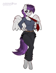 Size: 2634x3408 | Tagged: safe, artist:dandy, derpibooru import, oc, oc only, oc:ardyn valentine, anthro, pegasus, unguligrade anthro, belt, breasts, clothes, commission, ear fluff, ears, female, frills, glasses, hand on hip, high res, long pants, looking at you, pegasus oc, shirt, simple background, smiling, smiling at you, solo, spread wings, white background, wings