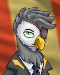 Size: 1024x1280 | Tagged: safe, artist:mr.catfish, derpibooru import, oc, oc only, griffon, equestria at war mod, bust, clothes, eaw redux, eyebrows, eyepatch, gray coat, green eyes, looking at you, male, necktie, portrait, shirt, simple background, solo