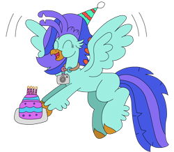 Size: 2514x2197 | Tagged: safe, artist:supahdonarudo, derpibooru import, oc, oc only, oc:sea lilly, classical hippogriff, hippogriff, birthday, birthday cake, cake, camera, candle, eyes closed, female, flying, food, happy, hat, holding, jewelry, necklace, open mouth, open smile, party hat, simple background, smiling, transparent background