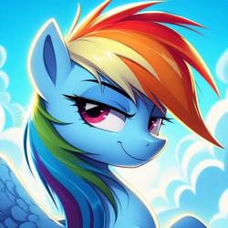 Size: 1024x1024 | Tagged: safe, ai content, derpibooru import, generator:dall-e 3, machine learning generated, rainbow dash, pegasus, pony, g4, bust, cloud, faic, female, lidded eyes, looking at you, mare, prompter:meshari7, sky, smiling, smiling at you, smirk, smug, smugdash, solo, spread wings, wings