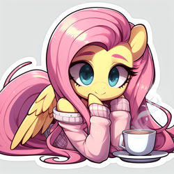 Size: 1024x1024 | Tagged: safe, ai content, derpibooru import, generator:bing image creator, machine learning generated, fluttershy, pegasus, pony, g4, clothes, coffee, coffee cup, cup, cute, female, gray background, hoof on cheek, hoof on chin, leaning, leaning on table, looking at you, mare, off shoulder, off shoulder sweater, prompter:fluttershysaidsyayyy, shyabetes, simple background, smiling, smiling at you, solo, sticker, sweater, sweatershy, table