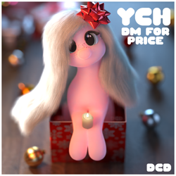 Size: 1080x1080 | Tagged: safe, artist:darla, derpibooru import, oc, oc only, oc:dcd_peaches, pony, 3d, adorable face, advertisement, blender, blender cycles, christmas, cute, dcdnsfw, female, happy, holiday, mare, present, simple background, smiling, solo, solo focus