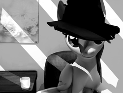 Size: 2579x1944 | Tagged: safe, artist:xafilah, derpibooru import, rainbow dash, pegasus, pony, g4, 3d, black and white, glass, gmod, grayscale, looking at you, monochrome, noir, sitting, solo