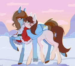 Size: 1985x1751 | Tagged: safe, artist:ruru_01, derpibooru import, oc, oc only, oc:sertpony, earth pony, pony, boop, clothes, coat, commission, complex background, dawn, full body, looking at each other, looking at someone, noseboop, scarf, snow, two toned mane, winter, winter outfit