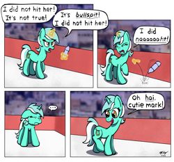 Size: 1500x1400 | Tagged: safe, artist:ebbysharp, derpibooru import, lyra heartstrings, pony, unicorn, g4, comic, dialogue, levitation, magic, open mouth, open smile, smiling, solo, telekinesis, the room, water bottle