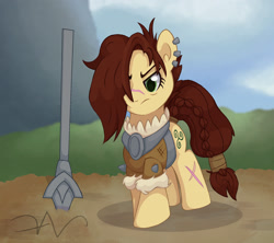 Size: 1800x1600 | Tagged: safe, artist:swasfews, derpibooru import, steela oresdotter, earth pony, pony, female, mare, mighty helm, solo, spear, weapon