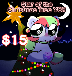 Size: 3200x3400 | Tagged: safe, artist:cushyhoof, derpibooru import, oc, oc:cascade throw, earth pony, pony, advertisement, christmas, christmas star, christmas tree, clothes, collar, commission, cute, earth pony oc, female, gloves, holiday, mare, night, ocbetes, ornament, solo, tree, wingding eyes, your character here