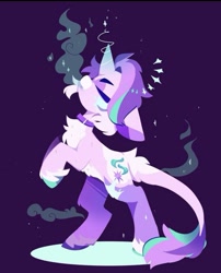 Size: 563x697 | Tagged: artist needed, safe, derpibooru import, starlight glimmer, pony, unicorn, g4, alternate design, breath fog, casting spell, collar, hoof fluff, leonine tail, on hind legs, simple background, solo, tail