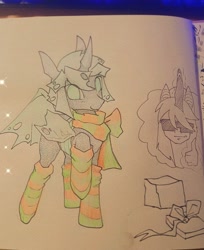 Size: 2687x3292 | Tagged: safe, artist:nmoonly, derpibooru import, oc, changeling, changeling oc, clothes, green changeling, scarf, traditional art