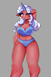 Size: 1800x2700 | Tagged: safe, artist:mylittleyuri, derpibooru import, trixie, human, g4, :p, alternate hairstyle, belly button, blue underwear, bra, breasts, clothes, cute, dark skin, diatrixes, elf ears, female, gray background, horn, horned humanization, humanized, midriff, one eye closed, panties, simple background, solo, titsie, tongue, tongue out, underwear, wink