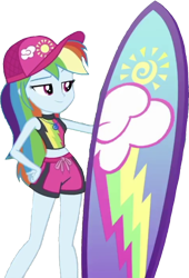 Size: 1716x2520 | Tagged: safe, derpibooru import, edit, edited screencap, editor:homersimpson1983, screencap, rainbow dash, human, equestria girls, g4, background removed, bikini, cap, clothes, female, geode of super speed, hat, magical geodes, not a vector, simple background, solo, surfboard, swimsuit, transparent background