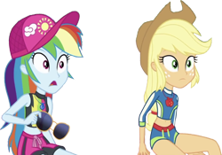 Size: 3610x2520 | Tagged: safe, derpibooru import, edit, edited screencap, editor:homersimpson1983, screencap, applejack, rainbow dash, human, equestria girls, g4, applejack's hat, background removed, cap, clothes, cowboy hat, female, geode of super speed, geode of super strength, glasses, hat, magical geodes, not a vector, simple background, transparent background