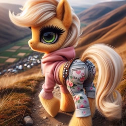 Size: 1024x1024 | Tagged: safe, ai content, machine learning generated, applejack, earth pony, pony, bing, blurry background, butt, clothed ponies, clothes, female, floral print, fluffy, hoodie, jeans, looking at you, looking back, looking back at you, mare, missing accessory, outdoors, plot, solo, trail